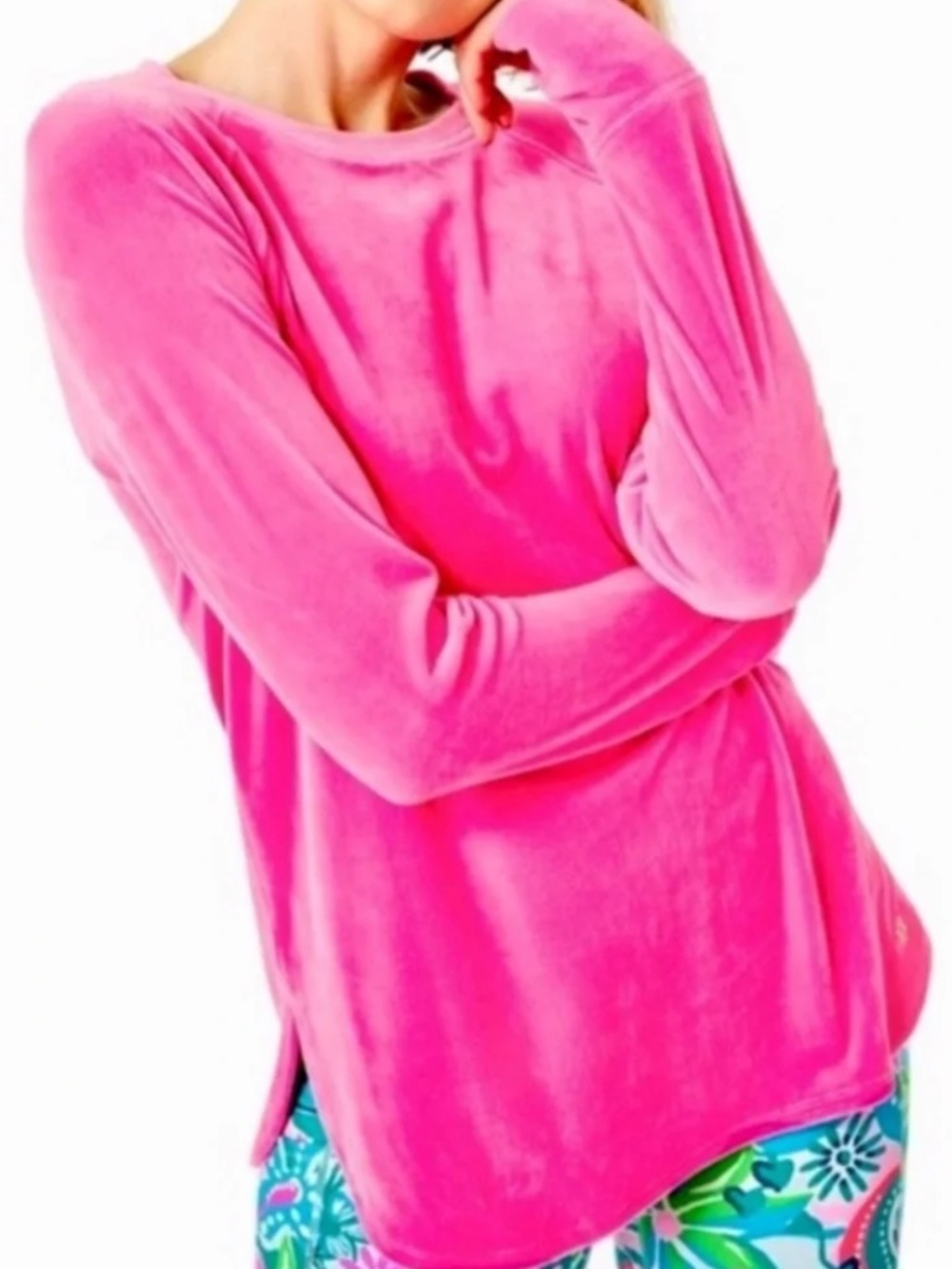LILLY PULITZER HOT PINK LUXLETIC BLYTHE VELOUR LONG SLEEVE TOP
